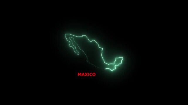 Maxico map icon with a glowing cyan neon effect on black background. Glowing outline silhouette effect on vector abstract illustration, 4K resolution.
