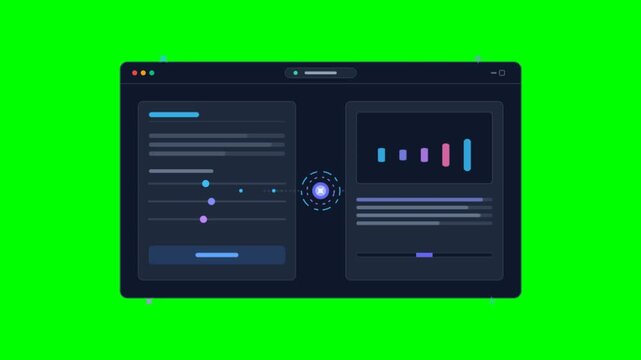Futuristic UI dashboard interface on green screen. Digital data visualization window. Modern software analytics panel for tech presentations.