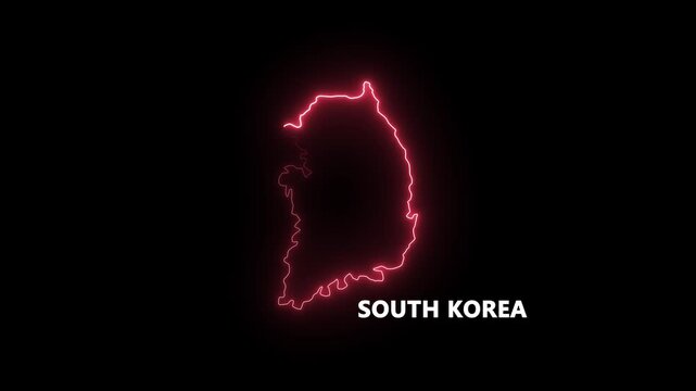 Glowing neon South Koreal map, animation technology map intro background with countries appearing animation 4k video