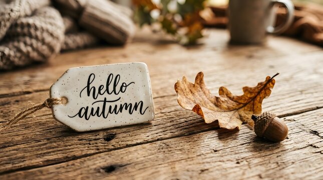 Ceramic tag with hello autumn calligraphy on a rustic wooden table with a dry oak leaf and an acorn