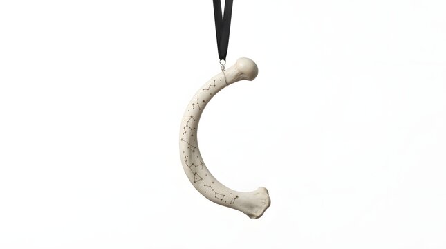 Human clavicle bone shaped like a crescent moon hanging on a black string for Halloween