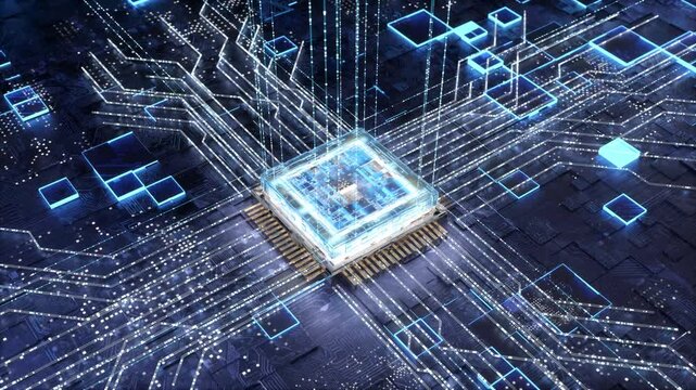 Futuristic Blue Glowing AI Chip Processor Circuit Board Animation