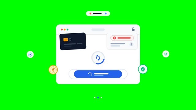 Digital payment interface animation on green screen, secure online banking dashboard, credit card checkout process UI