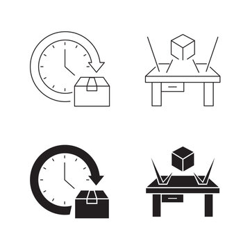 Package return time and product inspection desk vector icon set