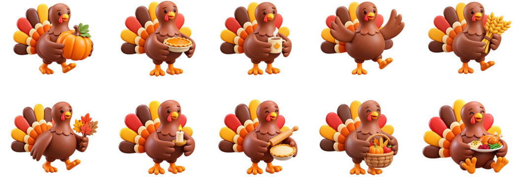 Collection of 10 cute 3D Thanksgiving turkey characters in different poses holding pumpkins, pies, wheat, leaves, candles, and traditional harvest foods.