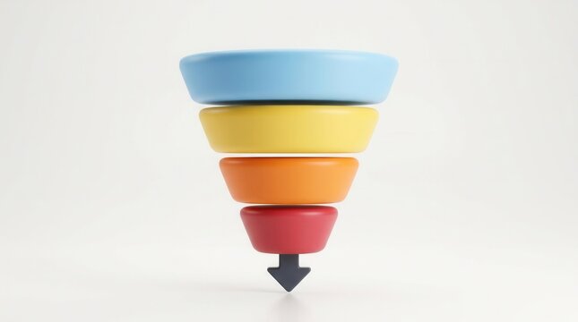 A colorful 3D sales funnel graphic showing lead generation and marketing process flow.