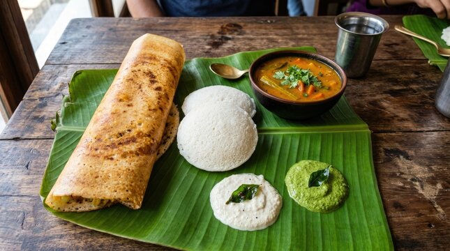 Traditional south indian breakfast with masala dosa, idli, sambar, and chutneys on banana leaf