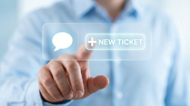 Customer support concept showing a hand interacting with a glowing New Ticket button on a screen.