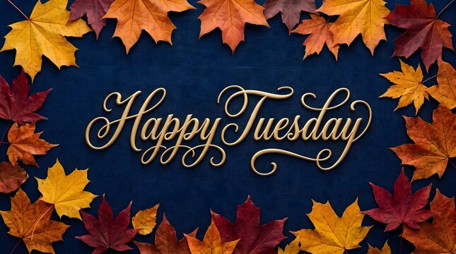 Happy tuesday typography in golden script on dark blue textured background framed with colorful autumn maple leaves