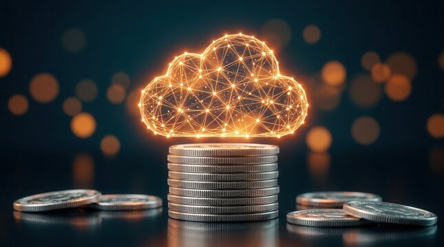 Luminous cloud network and stacked coins illustrating automation performance management and digital transformation.