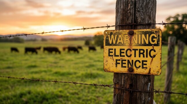 Electric fence warning sign mounted on a rustic post in a rural livestock field.