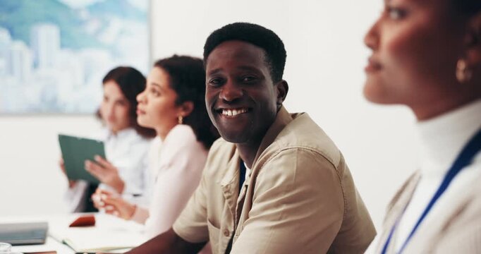 Face, man and happy in business seminar for staff training, employee education and job upskill. Office, person and smile in workshop for workplace learning, professional development and career growth