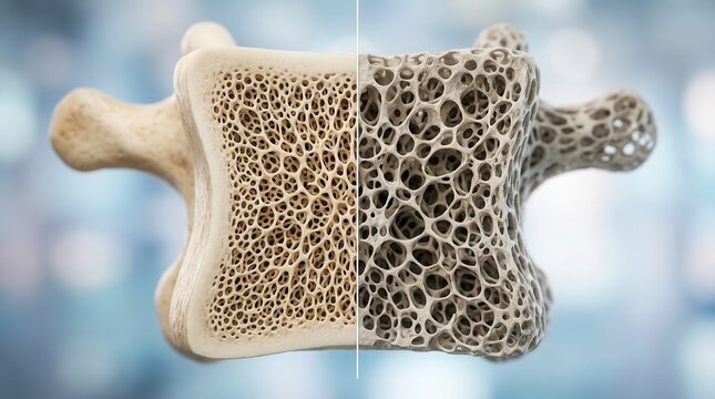 Anatomy illustration showing healthy bone density versus osteoporotic porous bone.