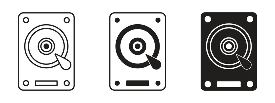Hard Drive HDD Icons Set, Computer Data Storage Disk with Read Write Head and Actuator Arm Symbols