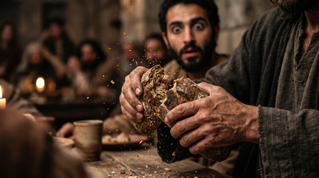 The two disciples at Emmaus suddenly recognizing Jesus the exact moment he breaks the bread.