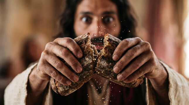 The two disciples at Emmaus suddenly recognizing Jesus the exact moment he breaks the bread.