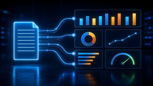 Digital document data extraction interface with glowing fiber optic connections linking to business analytics dashboard and financial charts