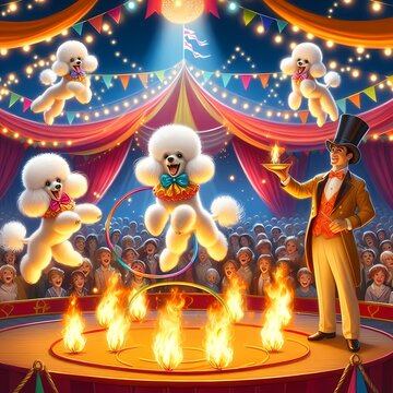 A whimsical scene of trained poodles jumping through fire hoops with a ringmaster in a top hat, Ai generated image