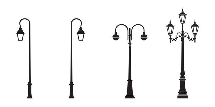 Vintage Street Lamp Post Icons Set, Classic European Lantern Lights with Single Double and Triple Heads