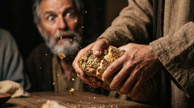 The two disciples at Emmaus suddenly recognizing Jesus the exact moment he breaks the bread.