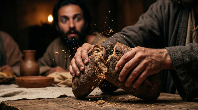 The two disciples at Emmaus suddenly recognizing Jesus the exact moment he breaks the bread.