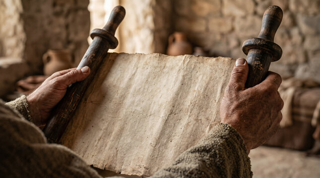 Jesus standing in the synagogue at Nazareth, unrolling the sacred scroll of Isaiah to proclaim his divine mission.