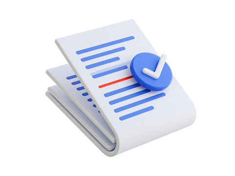 3D document icon with blue checkmark for business approval and task completion concept
