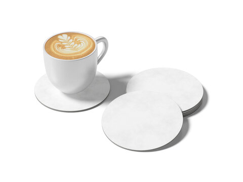 Blank white blank coasters and ceramic cup with latte art mockup