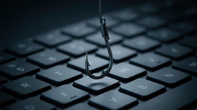 Digital danger represented by a sharp fishing hook dangling above computer keyboard keys.