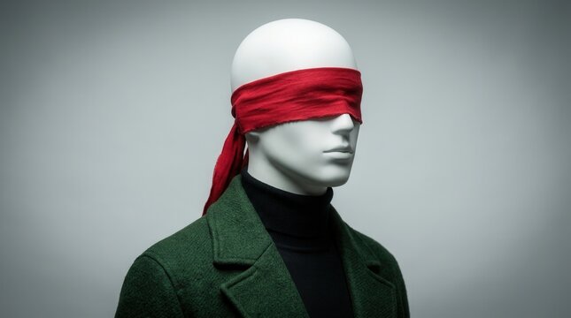 A white mannequin head with a red blindfold and green coat representing vulnerability and blind faith.