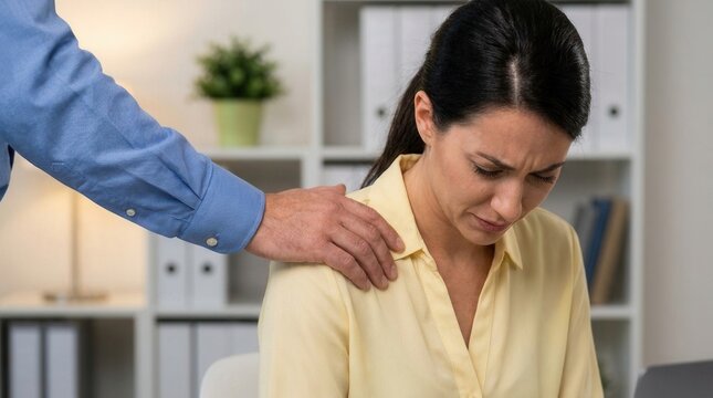 Close up of an inappropriate touch on a shoulder representing workplace harassment and tension.