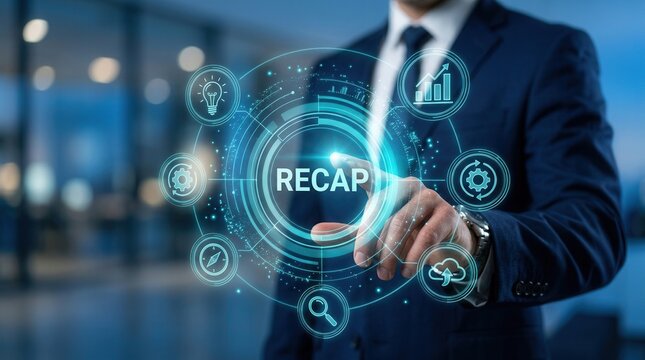 Concept of business strategy and recap shown by a man touching a futuristic digital interface.