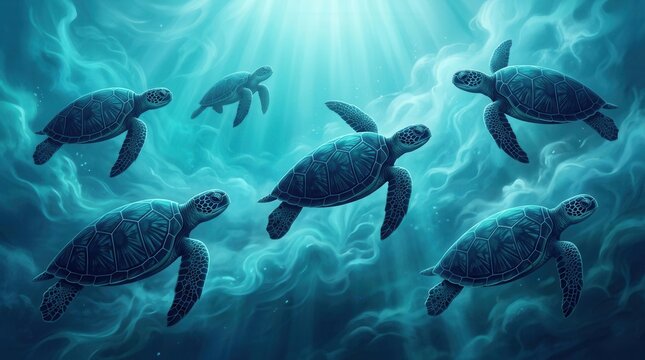 A peaceful underwater scene with stylized sea turtles swimming through turquoise ocean depths.