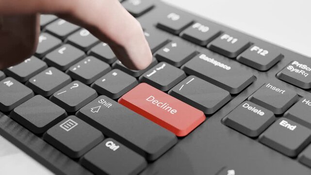Hand About to Press Red "Decline" Button on Black Keyboard, 3D Keyboard, Red Decline Key Animation