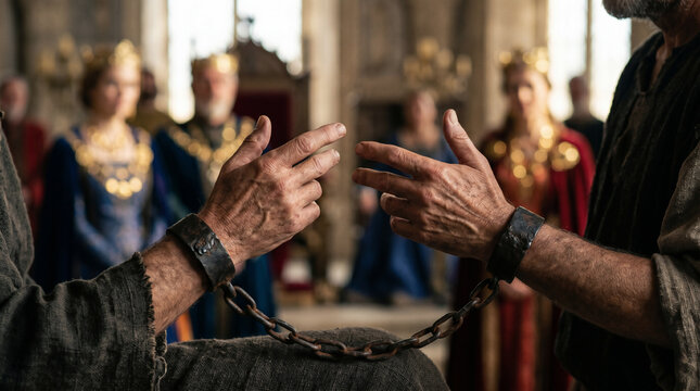 Paul standing boldly in heavy iron chains before King Agrippa and Bernice in their lavish royal auditorium.