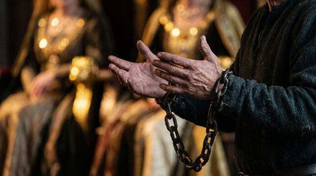 Paul standing boldly in heavy iron chains before King Agrippa and Bernice in their lavish royal auditorium.