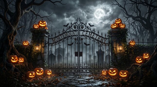 Spooky Halloween cemetery gate with glowing jack o' lanterns, eerie graveyard entrance under full moon, misty night with carved pumpkins