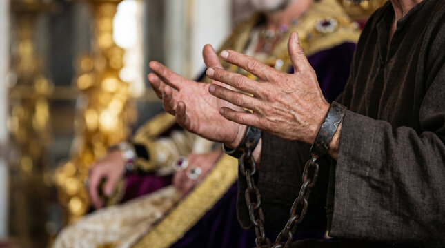 Paul standing boldly in heavy iron chains before King Agrippa and Bernice in their lavish royal auditorium.