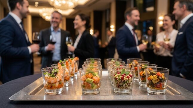 Upscale catering service featuring gourmet appetizer glasses at a corporate networking event.