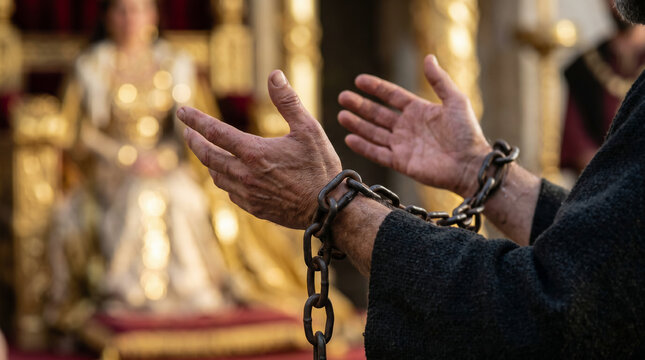 Paul standing boldly in heavy iron chains before King Agrippa and Bernice in their lavish royal auditorium.