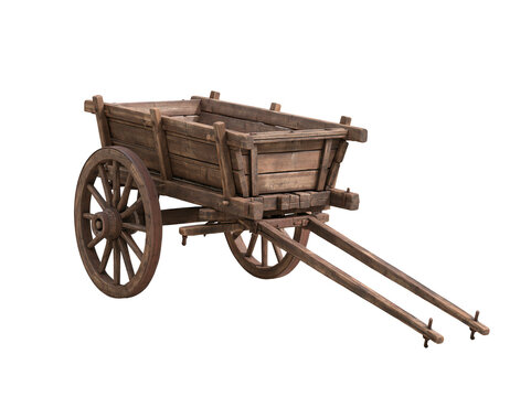 Vintage wooden farm cart isolated on white background for rustic decor and agriculture