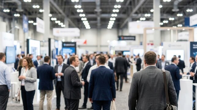 Corporate trade show exhibition with business people and blurred booths in a large hall.
