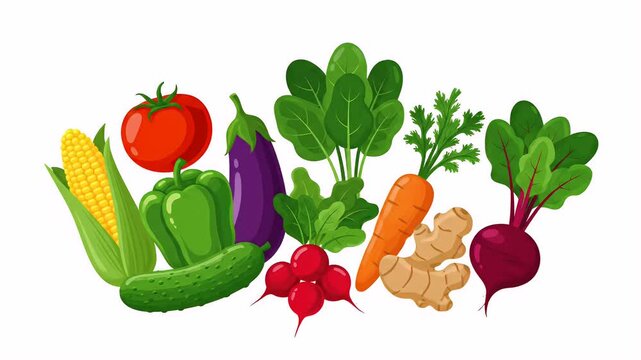 Pixelated assortment of fresh vegetables including corn, tomato, eggplant, bell pepper, cucumber, radishes, carrots, ginger, and beets