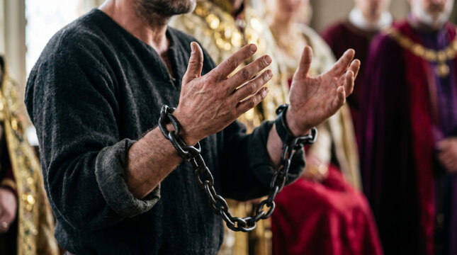 Paul standing boldly in heavy iron chains before King Agrippa and Bernice in their lavish royal auditorium.