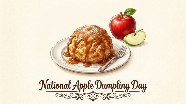 Delicious apple dumpling with caramel sauce on a plate isolated on white background