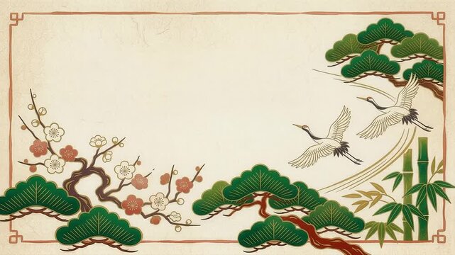 Japanese Traditional Celebration Frame Loop with Flying Cranes, Pine, Bamboo, and Plum, Vintage Washi Paper Border Overlay for New Year and Longevity Celebration