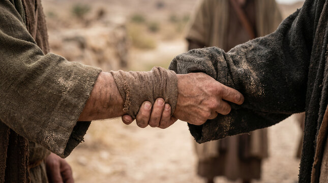 The blinded Saul of Tarsus being helplessly led by the hand into the city of Damascus by his traveling companions.