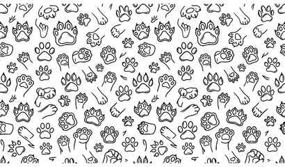 Fototapeta premium Cat paw seamless pattern – black and white outline vector background