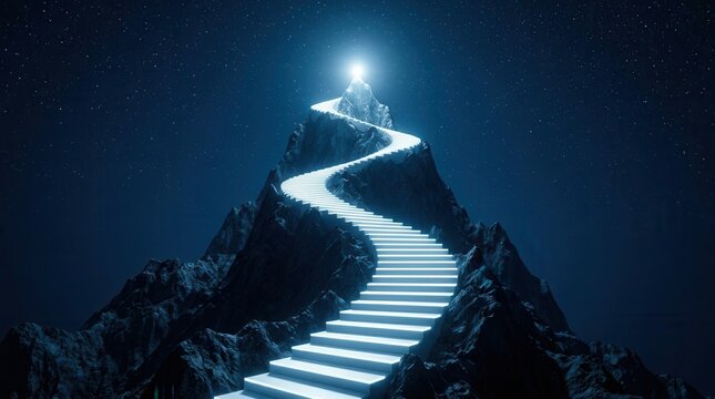 Achievement and success concept with a path of stairs ascending a dark mountain peak to bright light.
