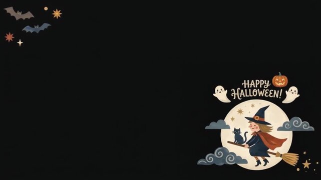 Happy Halloween Cute Witch and Ghost Corner Badge Loop, Cottagecore Halloween Frame Overlay with Copy Space on Black Background
